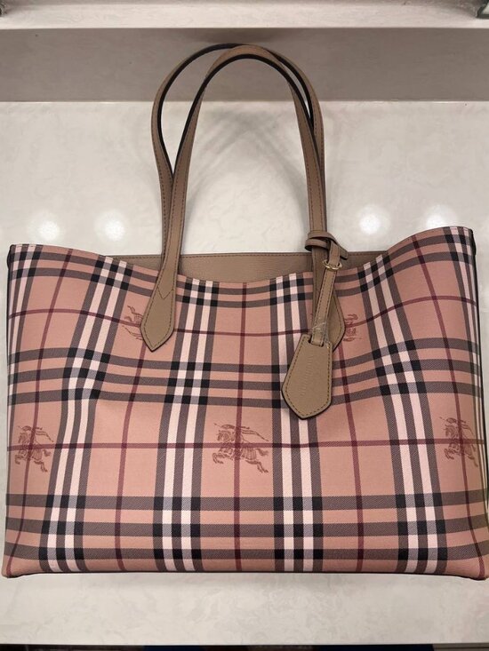 Burberry Handbags - Burberry Medium Reversible House Check & Camel Leather Tote Bag